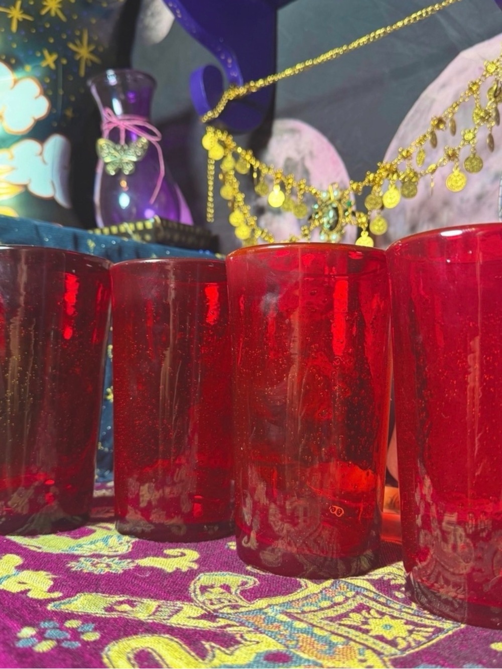 Set Of 4 Ruby Red Hand Blown Glass Bubble Glass Drinking Cups